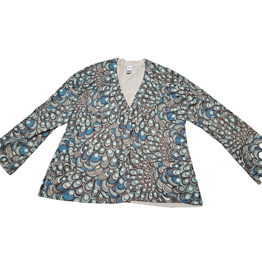 Chico's Blue and Gray Patterned Blouse size 3 (xl) EUC
